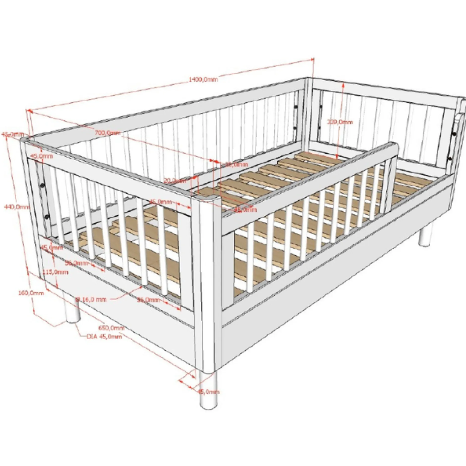 Kleinkindzimmer Forrest: Kleinkindbett 70x140cm, Wickeltisch, Kleiderschrank - Weißbuche