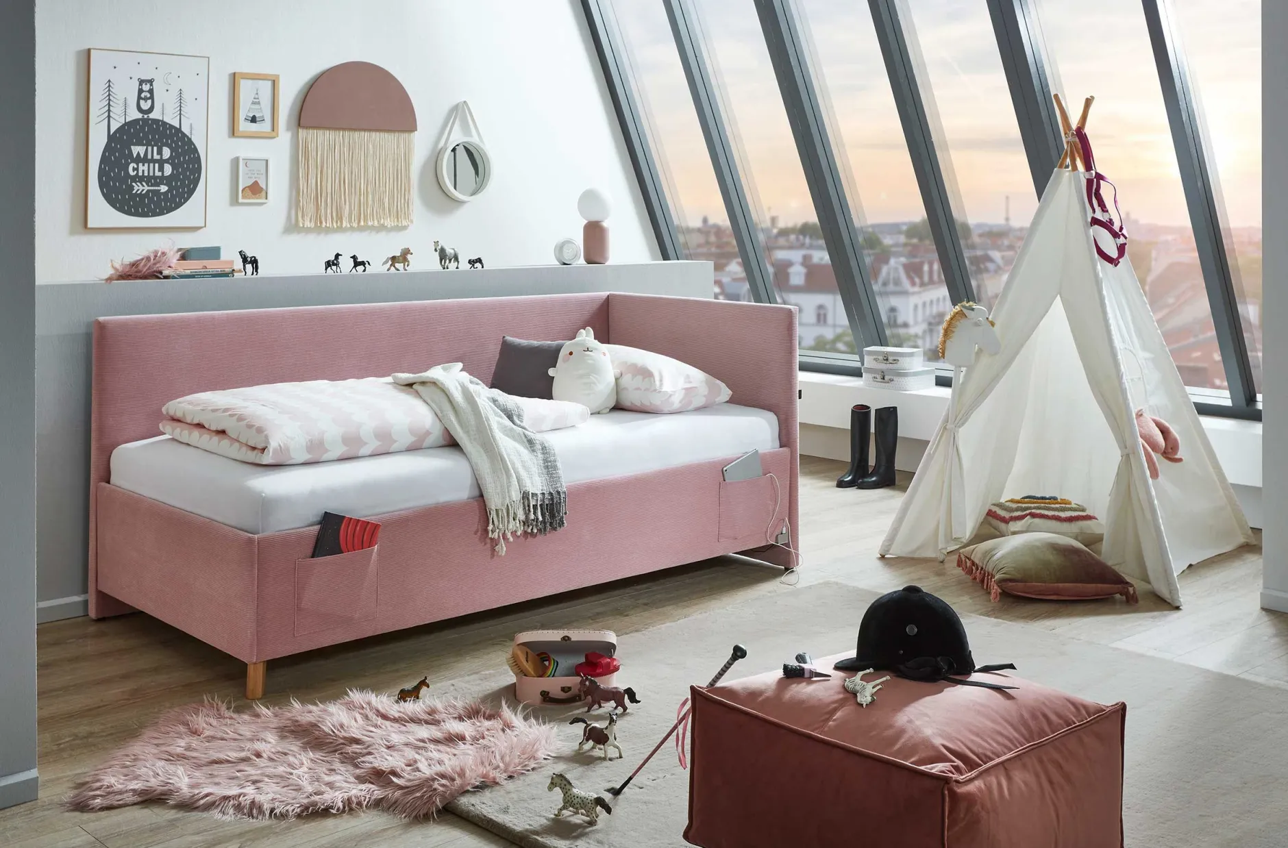 Kofferbett Cool | Mit Rückenlehne | 120 x 200 cm | Rosa Design