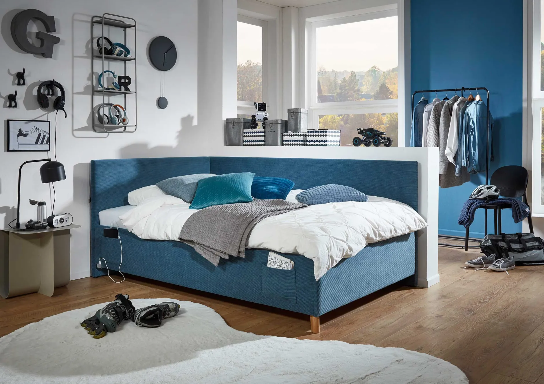 Kofferbett Cool | 90 x 200 cm | Mit Rückenlehne | Blaues Design