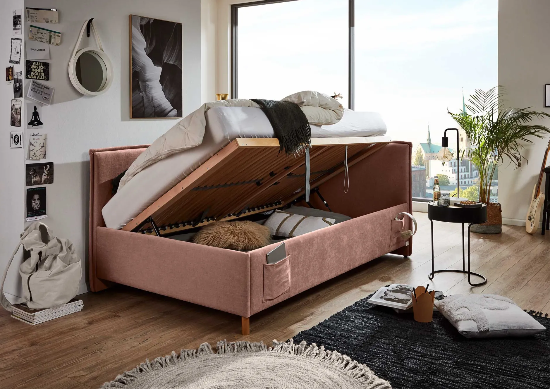 Kofferbett Ollie | Mit Rückenlehne | 140 x 200 cm | Rosa Design