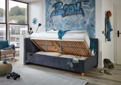 Kofferbett Ollie | Mit Rückenlehne | 120 x 200 cm | marineblaues Design