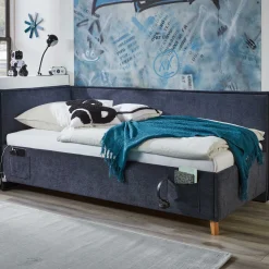 Kofferbett Ollie | Mit Rückenlehne | 140 x 200 cm | marineblaues Design
