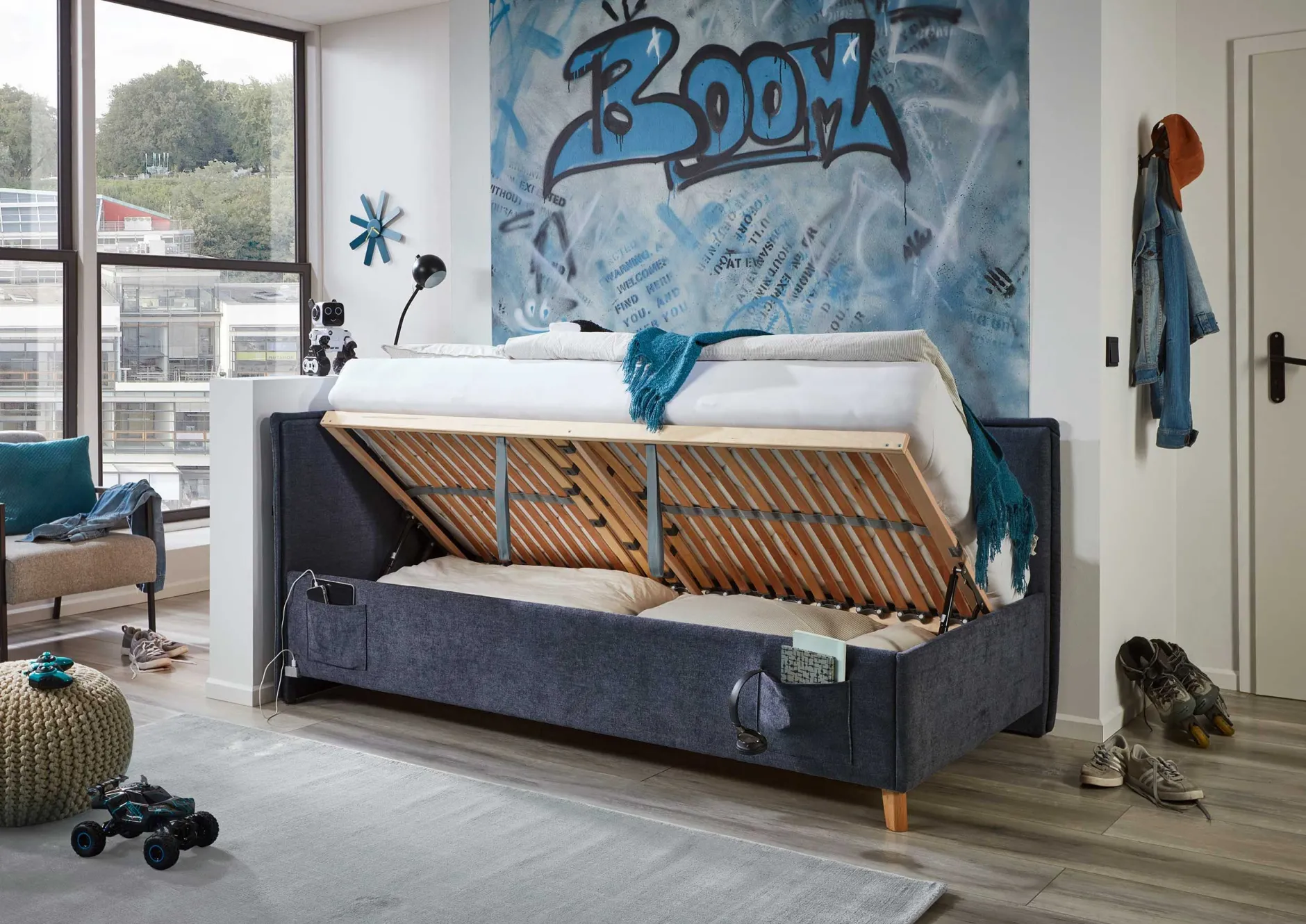 Kofferbett Ollie | Mit Rückenlehne | 90 x 200 cm | marineblaues Design