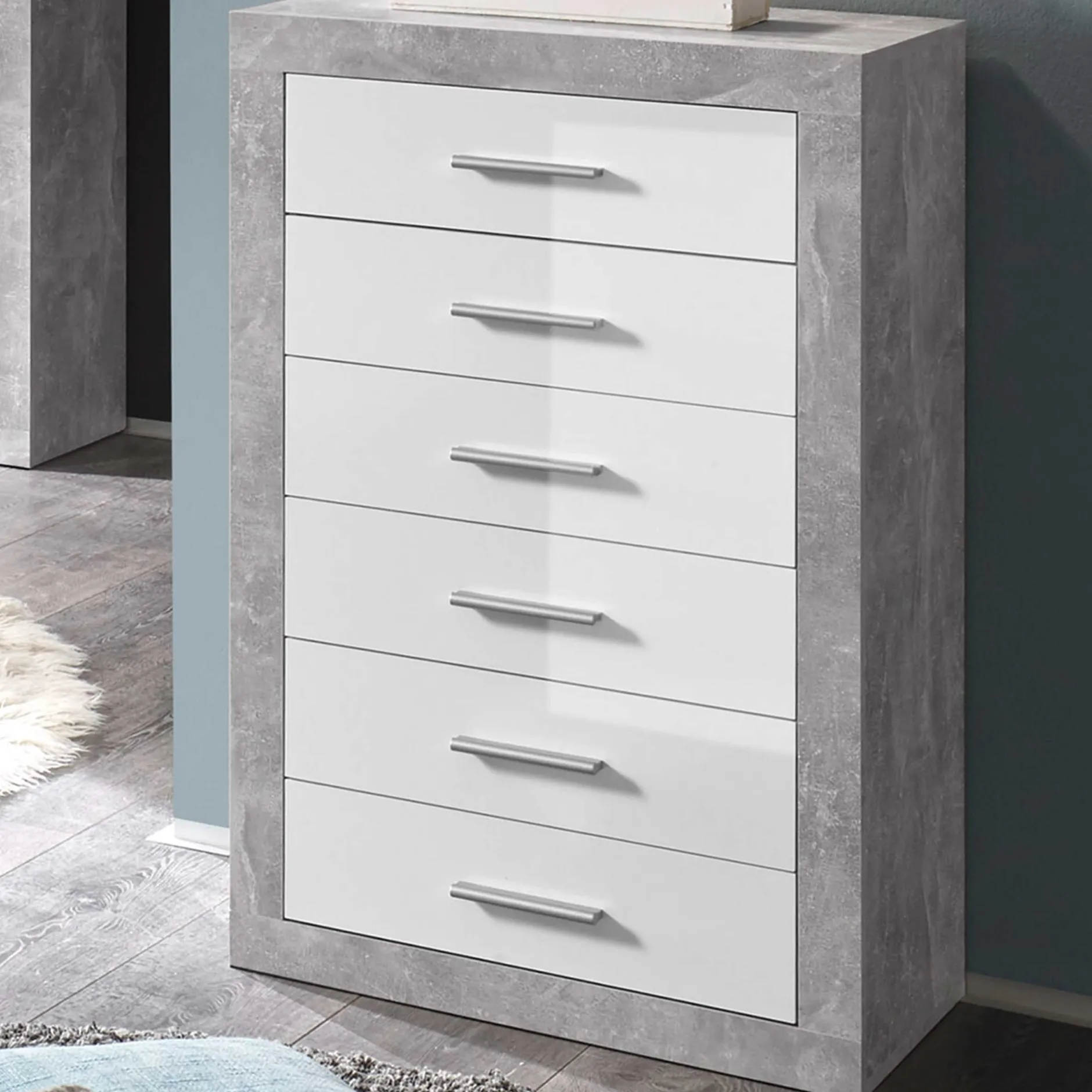 Kommode Inga 66cm mit 6 Schubladen - Beton/Weiß