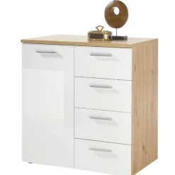 Kommode Lobi 1 Tür 4 Schubladen - weiß glänzend/Holz