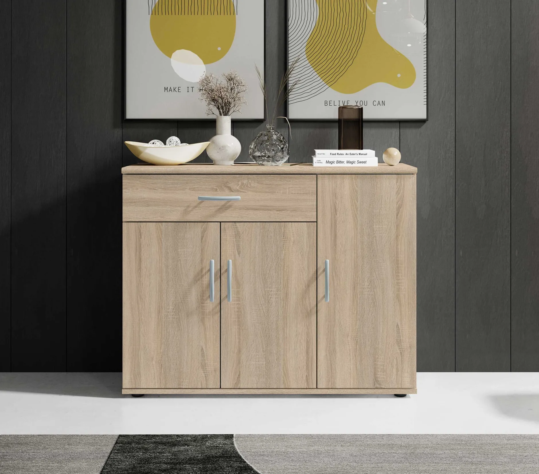 Kommode Viviane 90cm mit 3 Türen und 1 Schublade - Eiche