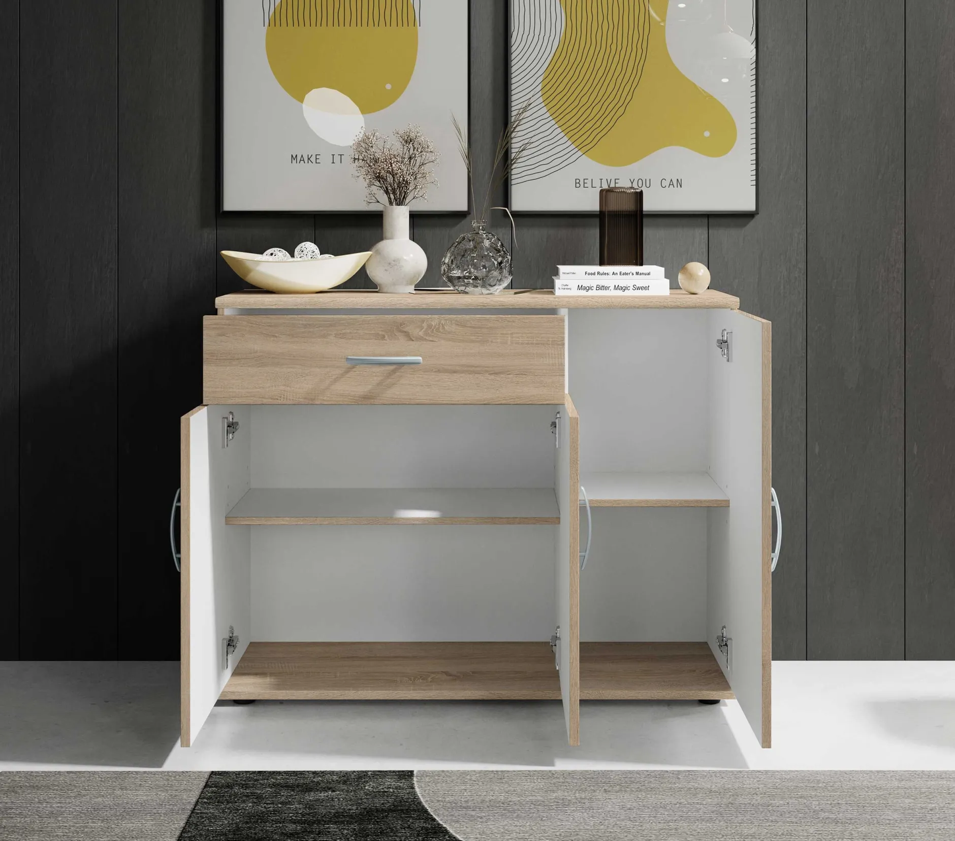 Kommode Viviane 90cm mit 3 Türen und 1 Schublade - Eiche