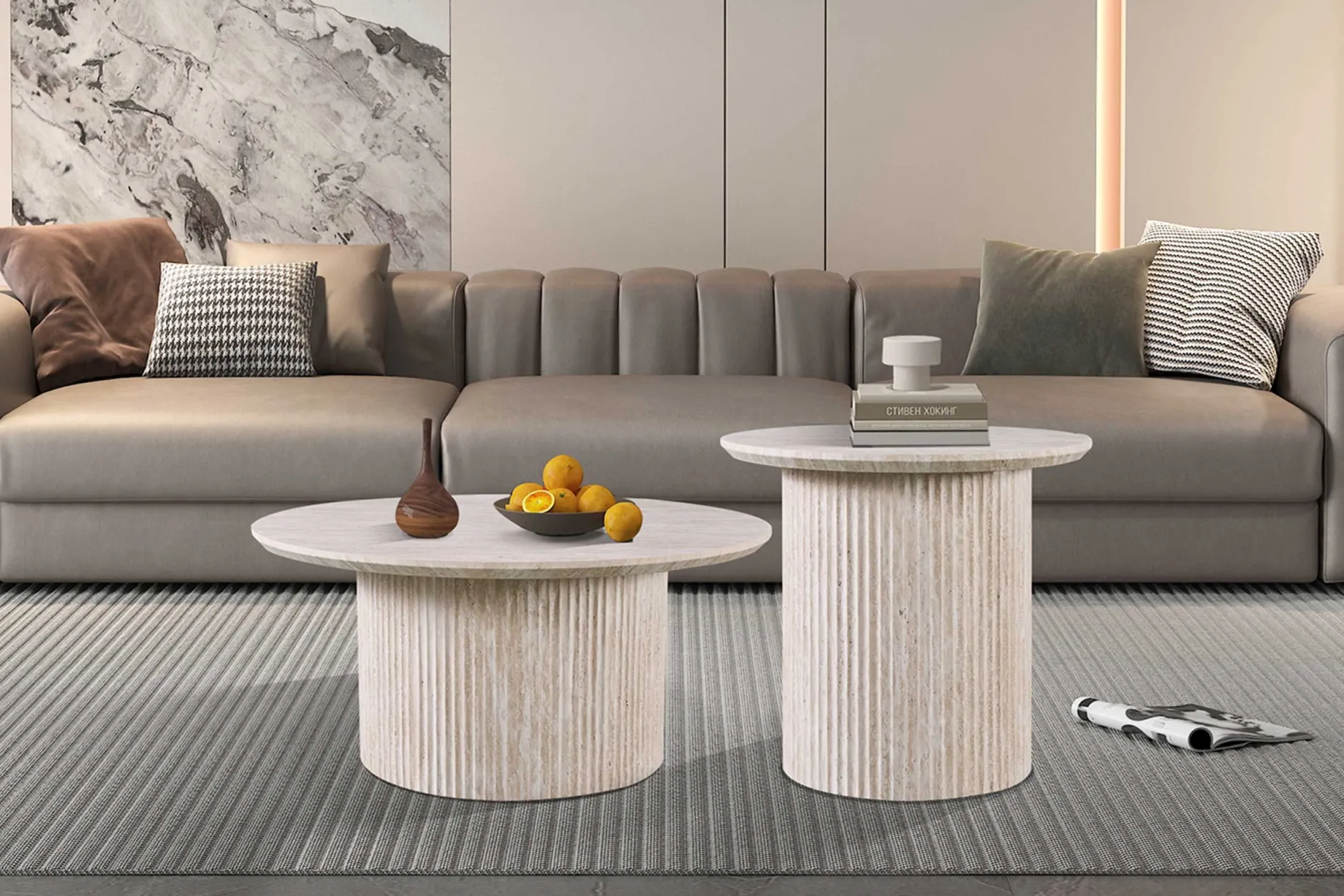 Lagos" 80 cm Runder Couchtisch Travertin Beige | Struktur MDF matt, Platte MDF 25 mm mit 3D-Papier | 38 x 80 x 80 cm