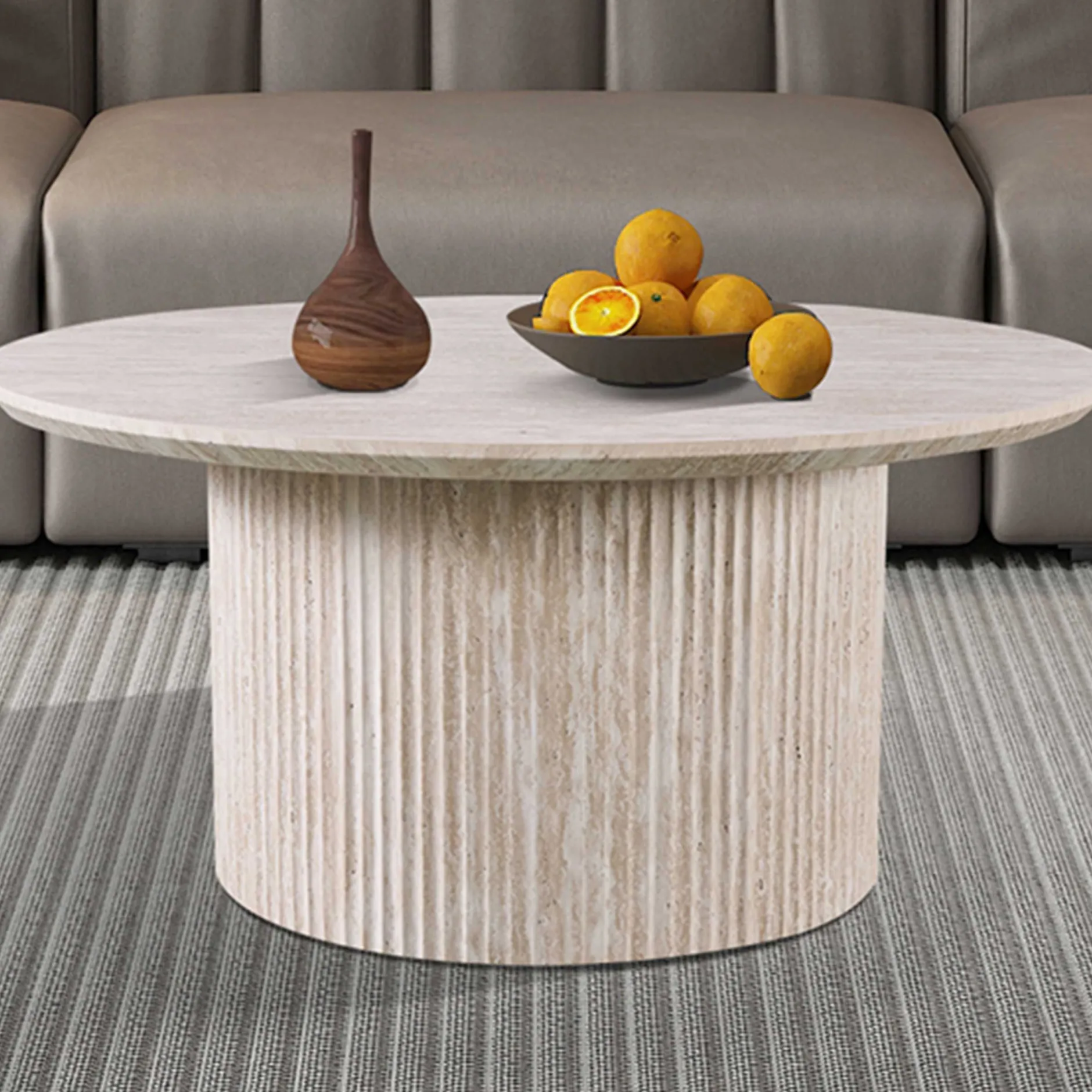 Lagos" 80 cm Runder Couchtisch Travertin Beige | Struktur MDF matt, Platte MDF 25 mm mit 3D-Papier | 38 x 80 x 80 cm