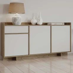 Leda Sideboard - 157x36x82cm - 3 Türen und 1 Schublade - weiß/Eiche Dekor