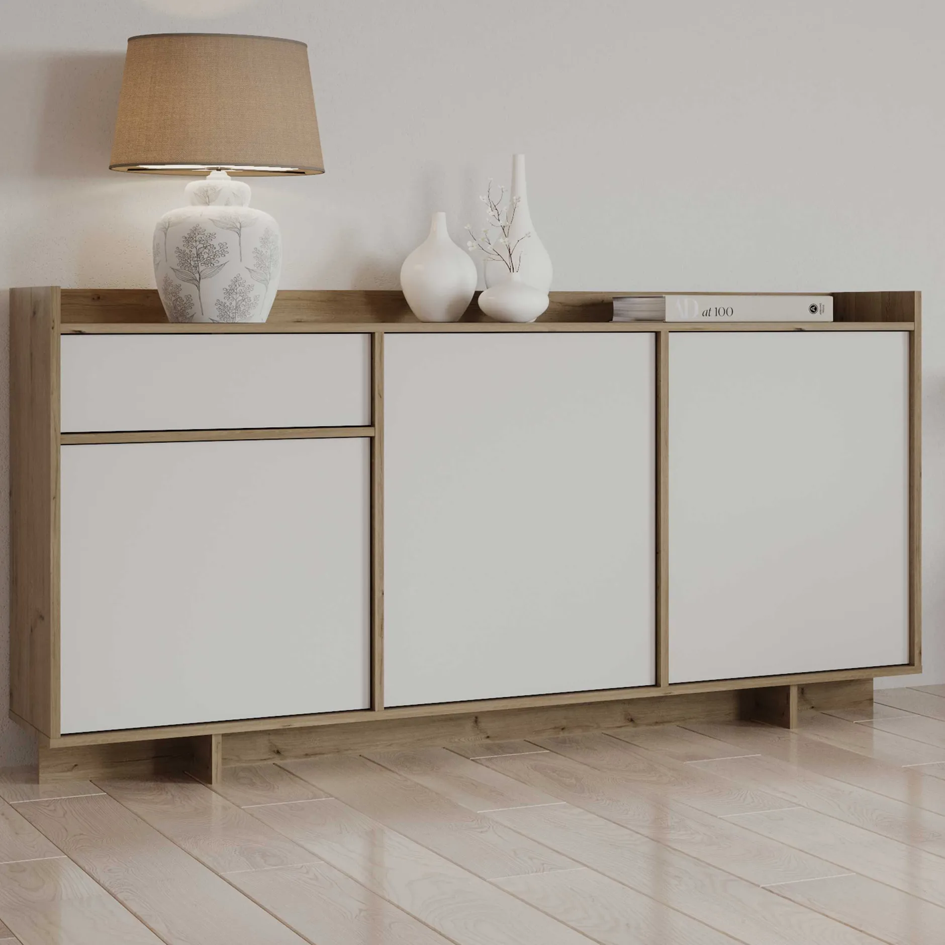 Leda Sideboard - 157x36x82cm - 3 Türen und 1 Schublade - weiß/Eiche Dekor