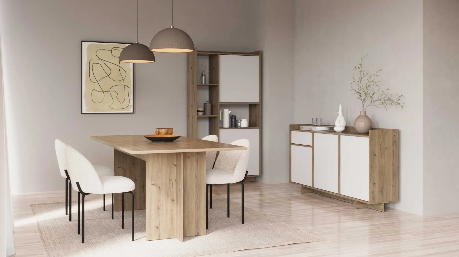 Leda Sideboard - 157x36x82cm - 3 Türen und 1 Schublade - weiß/Eiche Dekor