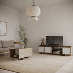 Leda TV-Schrank - 183x36x50cm - 3 Türen - weiß/Eiche Dekor