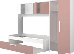 LevBett mit Bettbrücke und Bettkasten -rosa/weiß