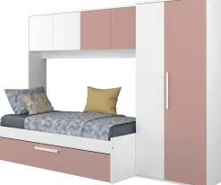 LevBett mit Bettbrücke und Bettkasten -rosa/weiß