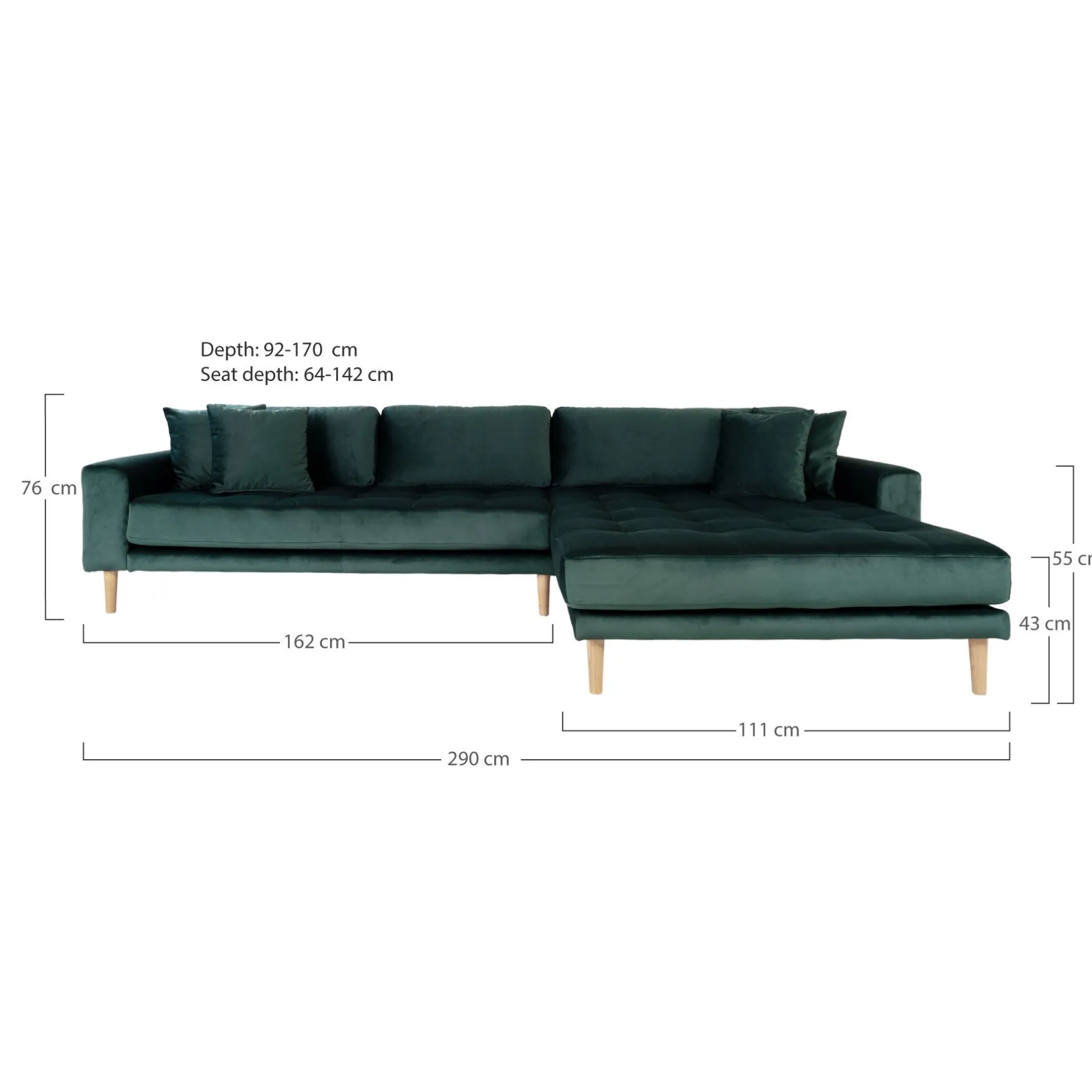 Lido Ecksofa rechts - 290x170x76cm - dunkelgrüner Samt