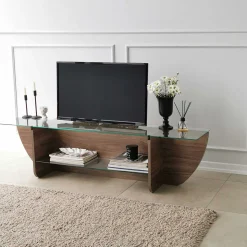 Lily TV TV-Ständer | GEHÄRTETES GLAS | Walnuss