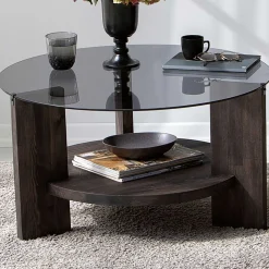 Locelso Couchtisch | 100% gehärtetes Glas | Gestell aus Kiefernholz | Anthrazit Dunkelbraun