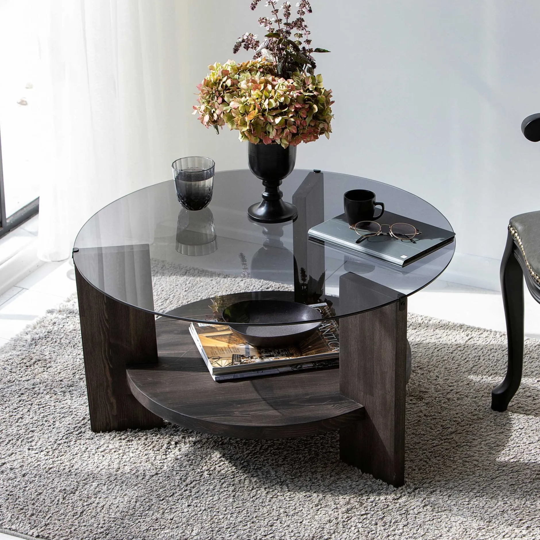 Locelso Couchtisch | 100% gehärtetes Glas | Gestell aus Kiefernholz | Anthrazit Dunkelbraun