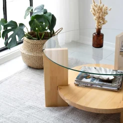 Locelso Couchtisch | 100% gehärtetes Glas | Gestell aus massiver Kiefer | Farbe Eiche