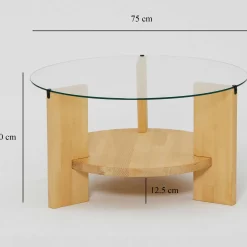 Locelso Couchtisch | 100% gehärtetes Glas | Gestell aus massiver Kiefer | Farbe Eiche