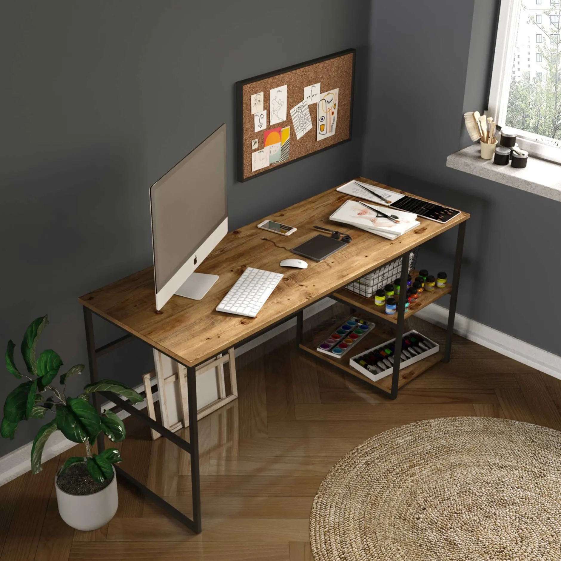 Locelso Schreibtisch | 100% Melamin | 18mm Stärke | Metallgestell | Atlantische Kiefer