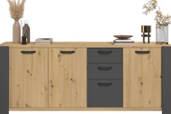 London Kommode-220cm-3 Flügeltüren, 3 Schubladen, 2 Einlegeböden - Eiche/dunkelgrau