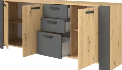 London Kommode-220cm-3 Flügeltüren, 3 Schubladen, 2 Einlegeböden - Eiche/dunkelgrau