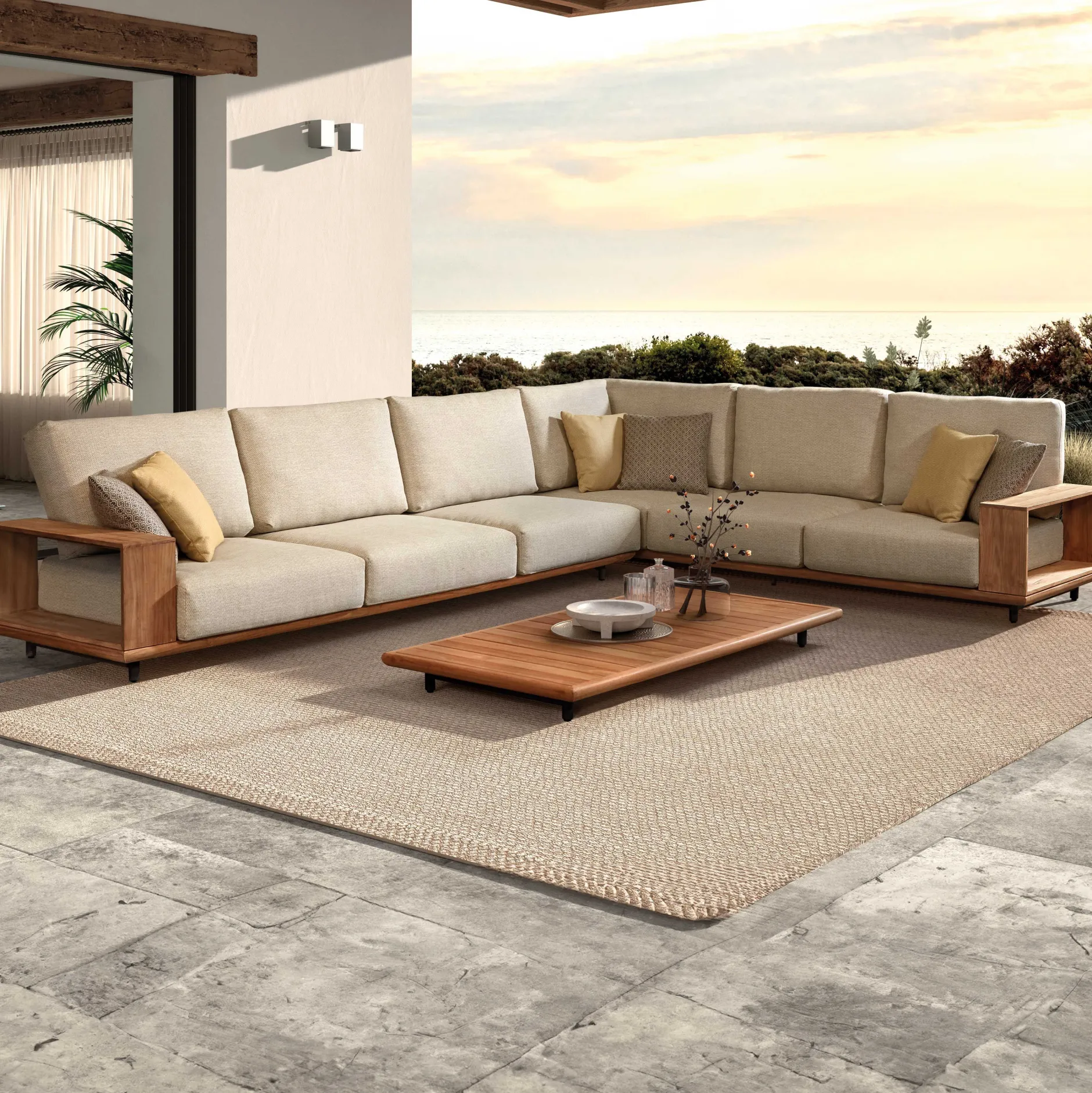 Lounge-Set Cabo Verde Gescova - Teakholz und Olefin - 260x80x65 cm - Ecru
