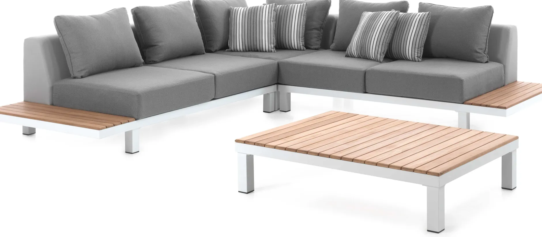 Lounge-Set Hawaii Zweisitziges Sofa Eckelement Couchtisch Gescova - Aluminium Teakholz - Grau Weiß