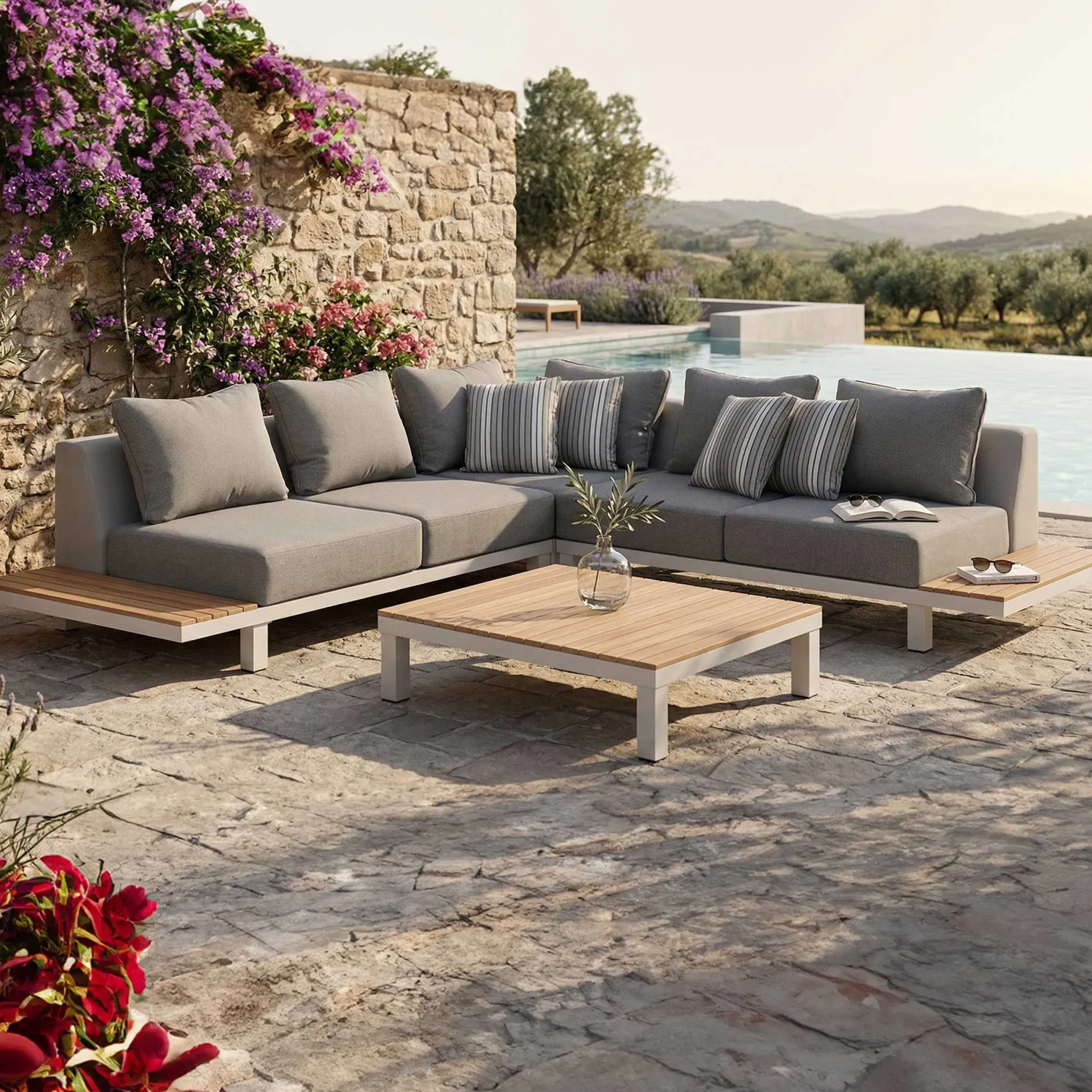 Lounge-Set Hawaii Zweisitziges Sofa Eckelement Couchtisch Gescova - Aluminium Teakholz - Grau Weiß