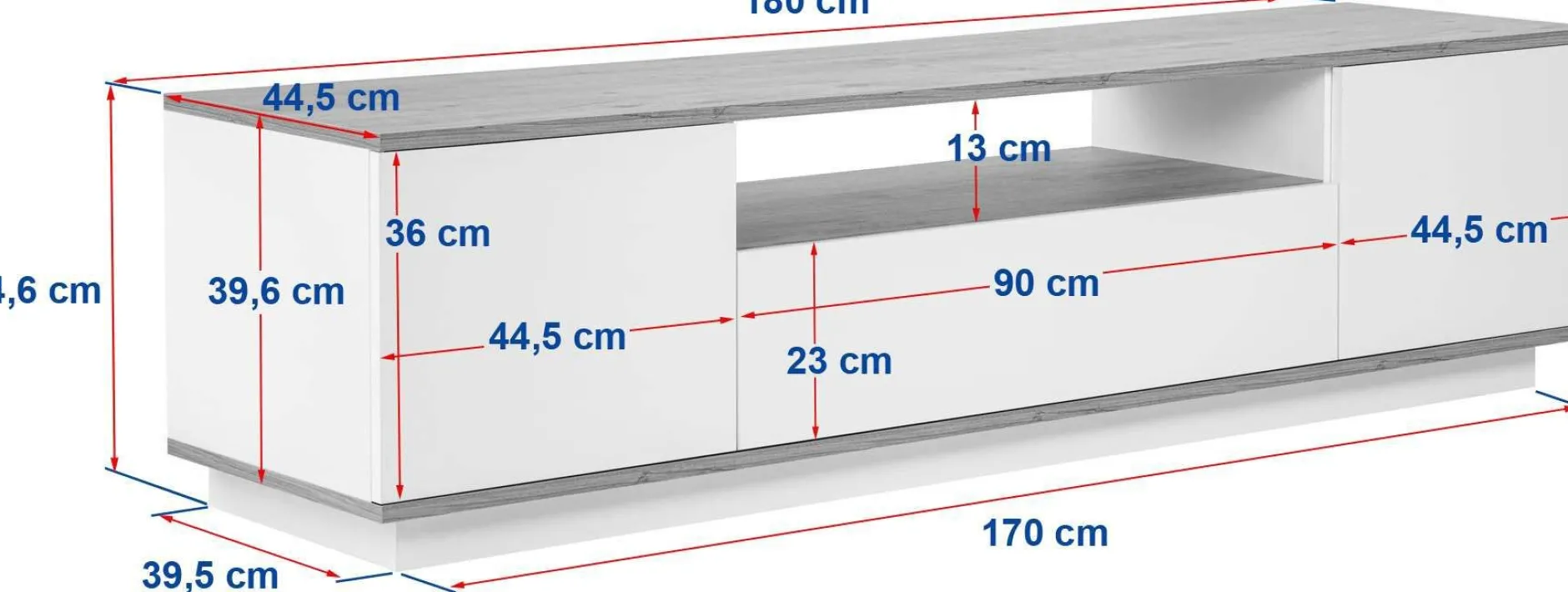 Lowboard Veramont - 100% MELAMINE - Weiß - 180 x 44,6 x 44,5 cm