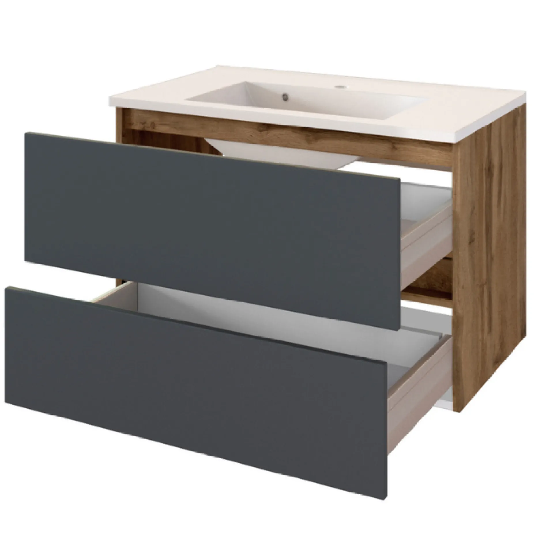 LunaBadezimmer : Spiegelschrank, Waschbeckenschrank, 2x Säulenschrank - Anthrazit/Eiche