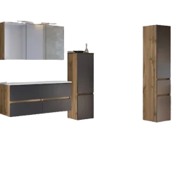 LunaBadezimmer : Spiegelschrank, Doppelwaschbecken, 2x Säulenschrank - Anthrazit/Eiche