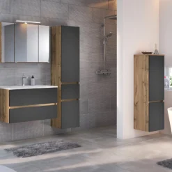 LunaBadezimmer : Spiegelschrank, Waschbeckenschrank, 2x Säulenschrank - Anthrazit/Eiche