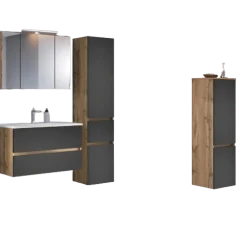 LunaBadezimmer : Spiegelschrank, Waschbeckenschrank, 2x Säulenschrank - Anthrazit/Eiche