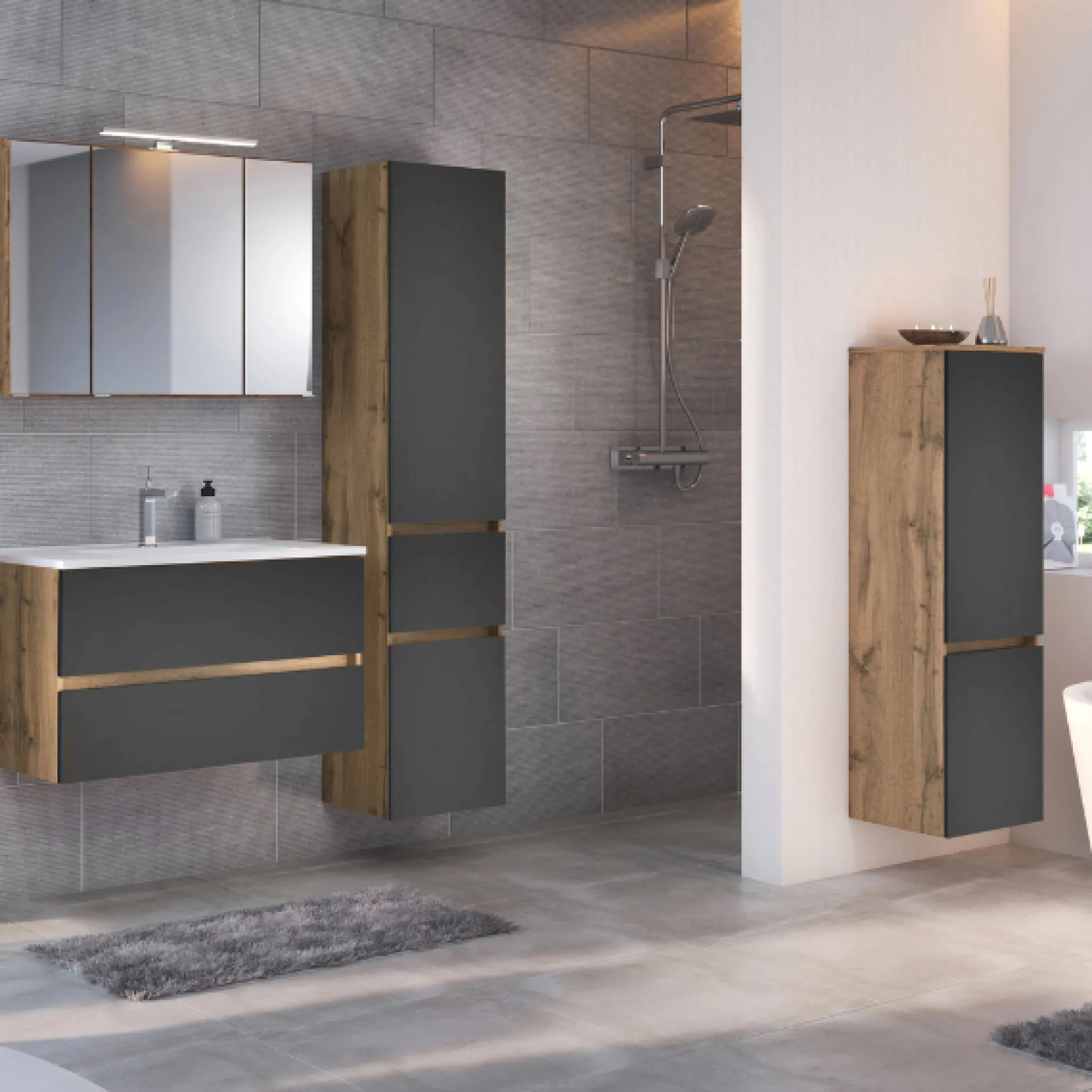 LunaBadezimmer : Spiegelschrank, Waschbeckenschrank, 2x Säulenschrank - Anthrazit/Eiche