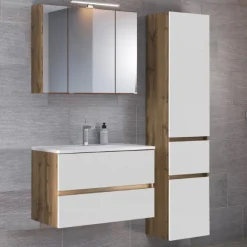 LunaBadezimmer : Spiegelschrank, Waschbeckenschrank, Säulenschrank - Weiß/Eiche Dekor