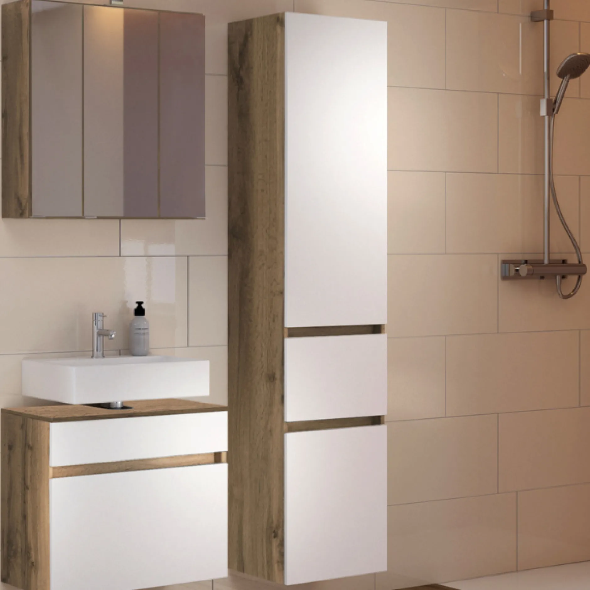 LunaBadezimmer : Spiegelschrank, Waschbeckenunterschrank, Säulenschrank - Weiß/Eiche Dekor