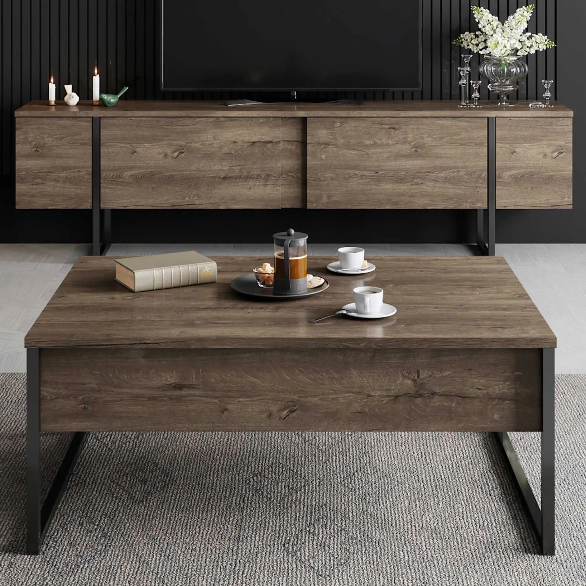 Luxe C Couchtisch | 100 % MELAMIN | Walnuss, Schwarz