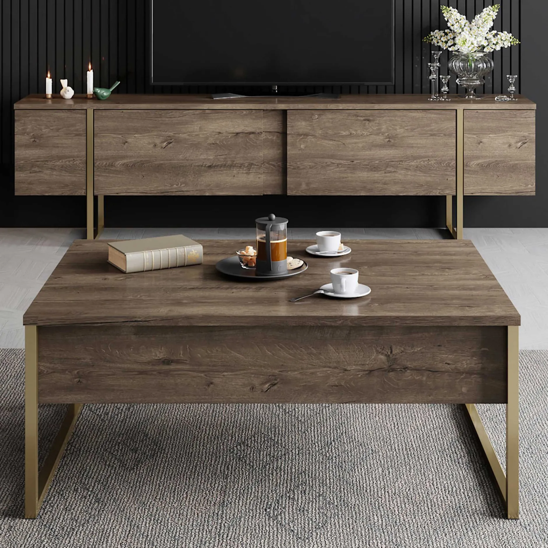 Luxe C Couchtisch | 100 % MELAMIN | Walnuss, Gold