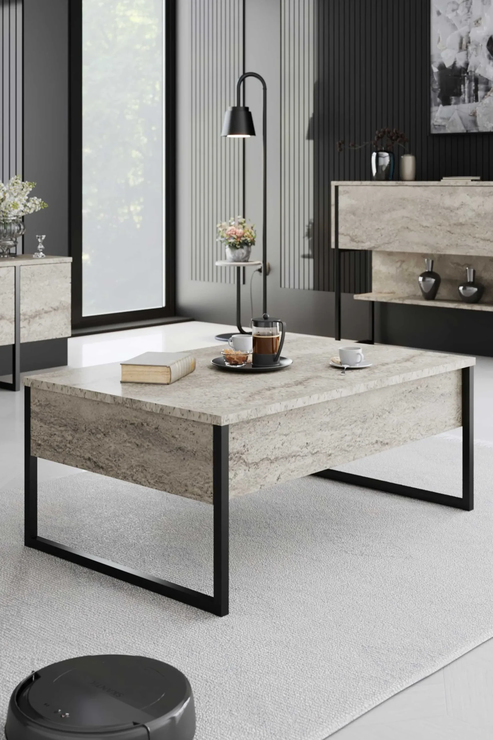 Luxe Couchtisch | 100 % MELAMIN | Travertin, Schwarz
