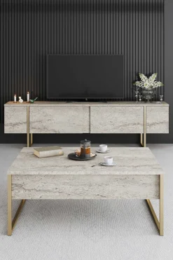 Luxe Couchtisch | 100 % MELAMIN | Travertin, Gold