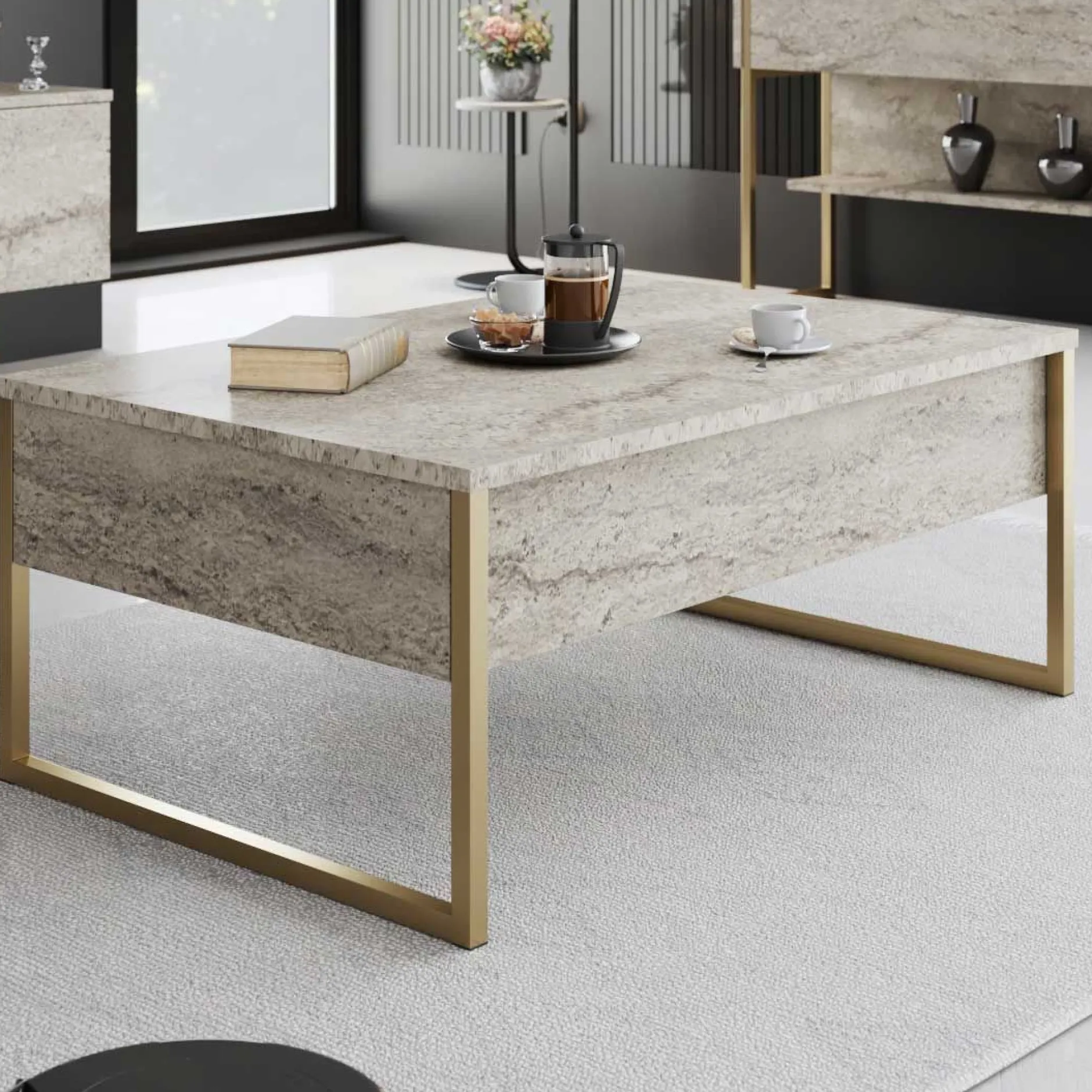 Luxe Couchtisch | 100 % MELAMIN | Travertin, Gold