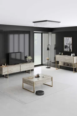 Luxe Couchtisch | 100 % MELAMIN | Travertin, Gold