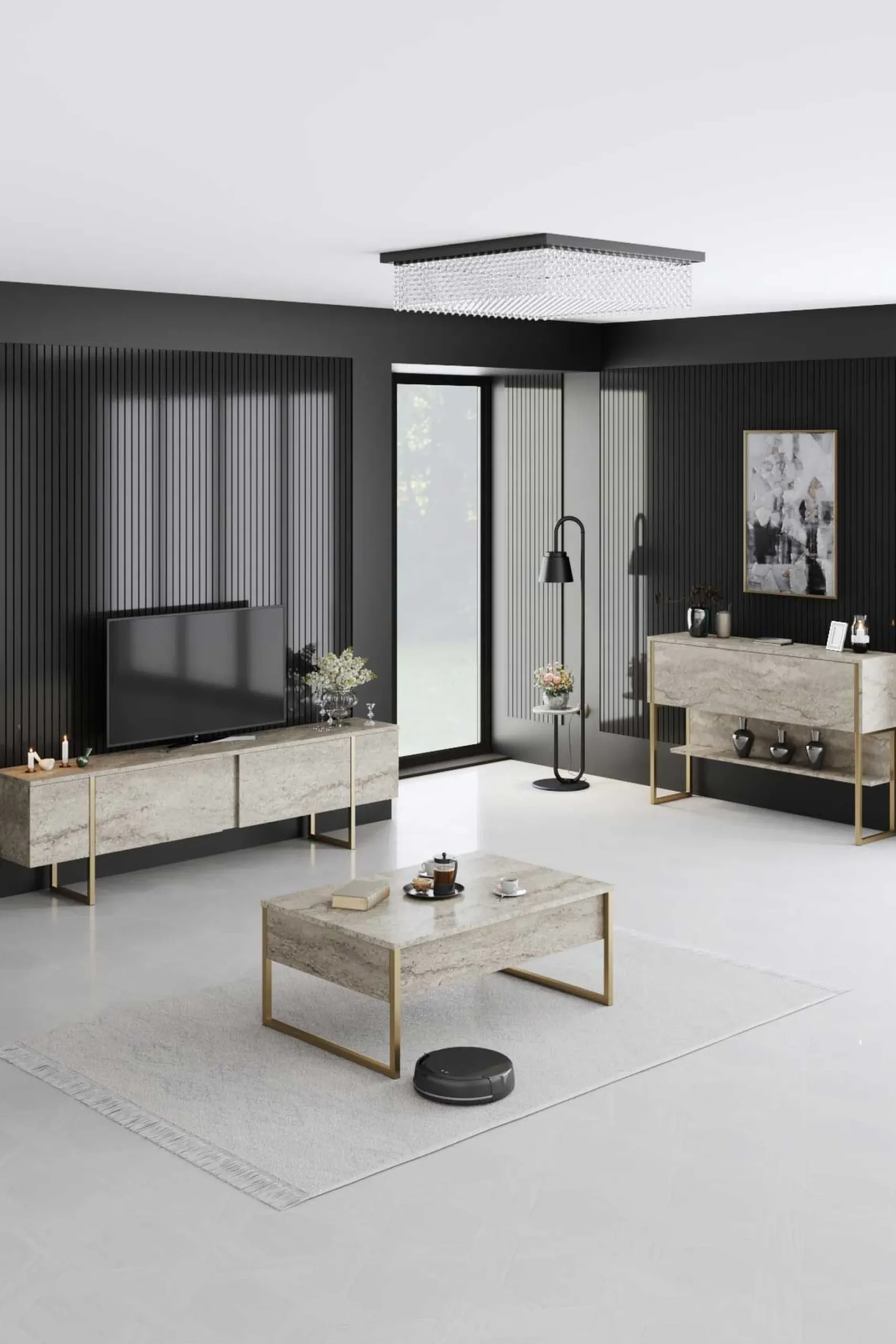 Luxe Couchtisch | 100 % MELAMIN | Travertin, Gold