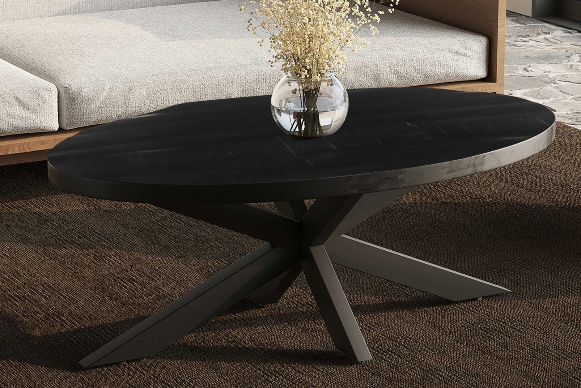 Madeira" Ovaler Couchtisch - Mango Schwarz | Exotische Holzplatte | 45x130x70cm