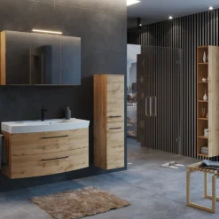 MalvoBadezimmer : Spiegelschrank, Waschtischschrank, Säulenschrank, Regal - Eiche