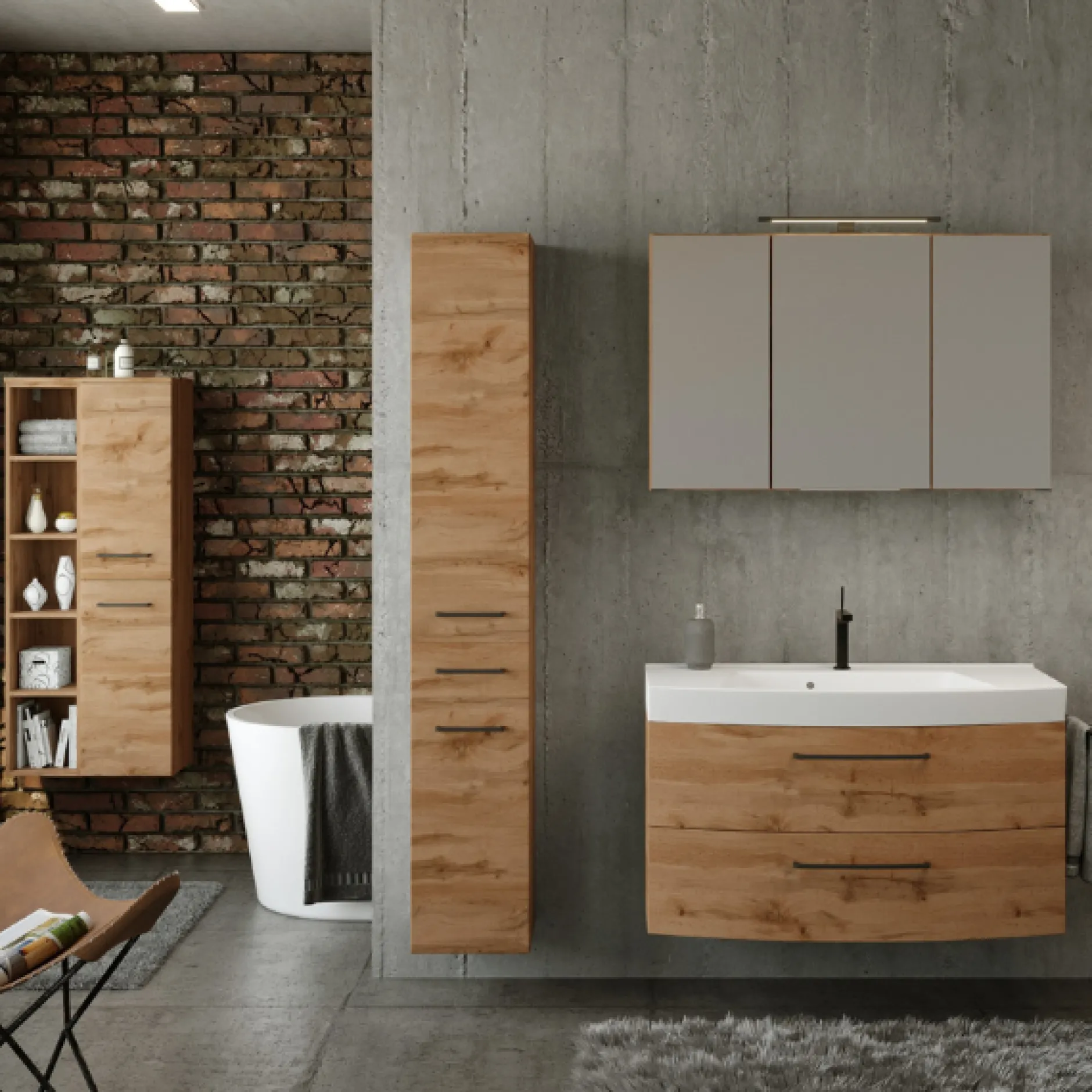 MalvoBadezimmer : Spiegelschrank, Waschbeckenschrank, Säulenschränke - Eiche
