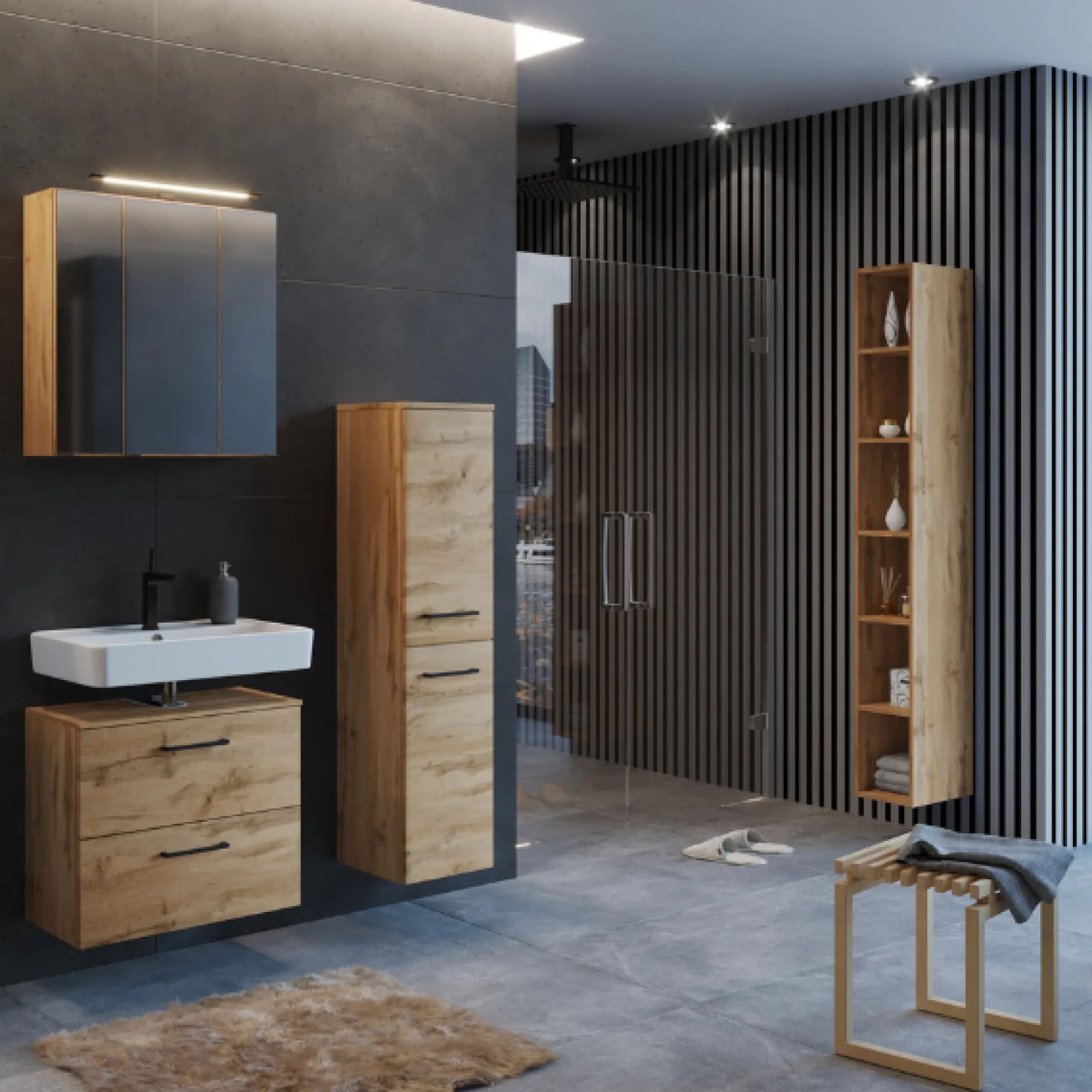 MalvoBadezimmer : Spiegelschrank, Waschbeckenunterschrank, Säulenschrank, Regal - Eiche
